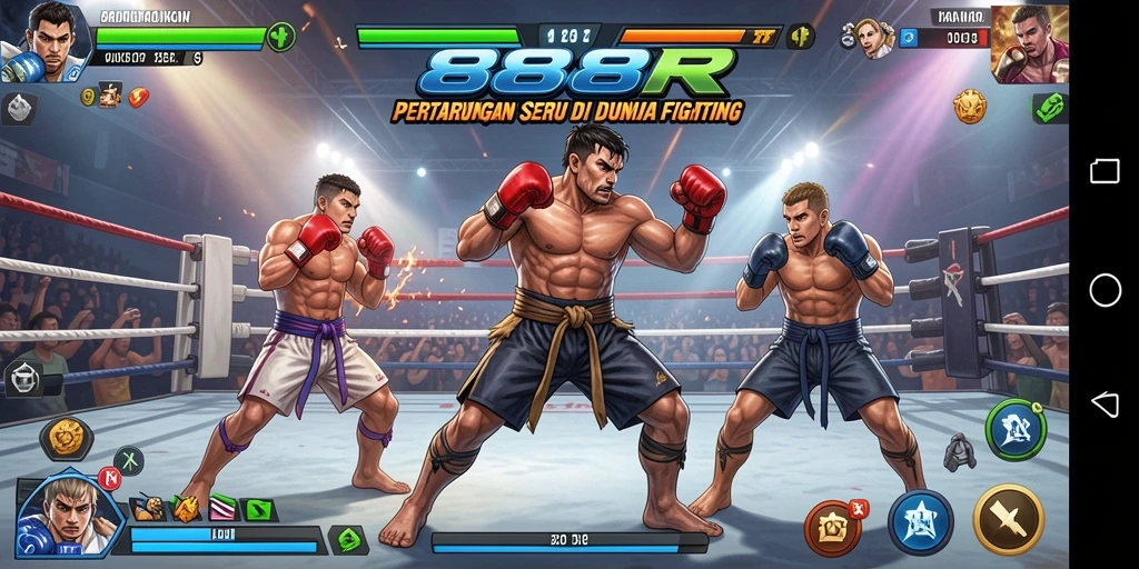 Tangkapan layar utama 888R menampilkan pertarungan seru antar karakter.