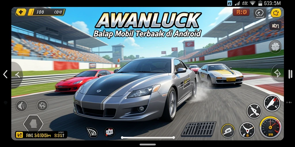 Screenshot gameplay AWANLUCK menampilkan aksi balap yang mendebarkan.