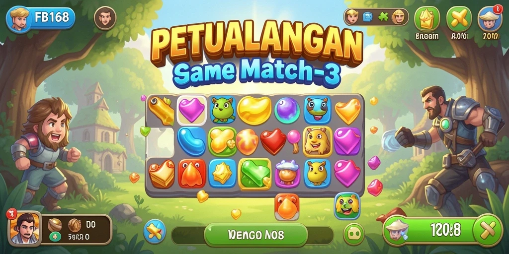 Screenshot gameplay FB168 menampilkan berbagai objek match-3 yang berwarna-warni.
