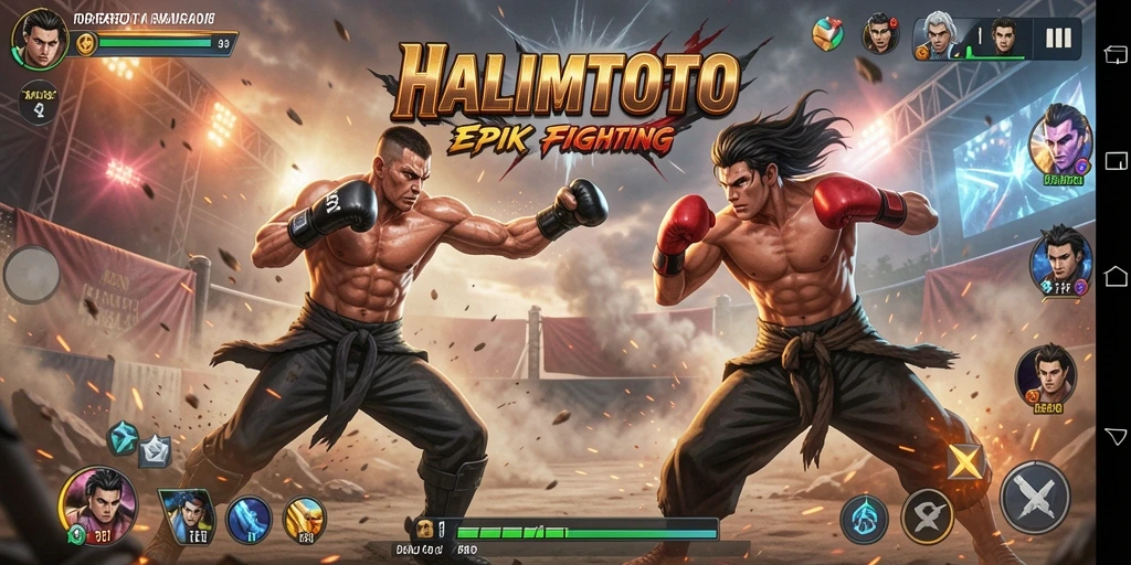 Tangkapan layar HALIMTOTO dengan pertarungan seru antara karakter.