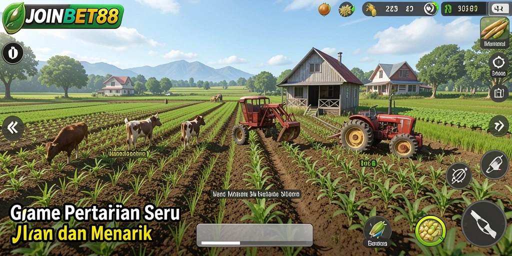 Screenshot gameplay JOINBET88 menunjukkan kebun yang subur dan tanaman yang beragam.