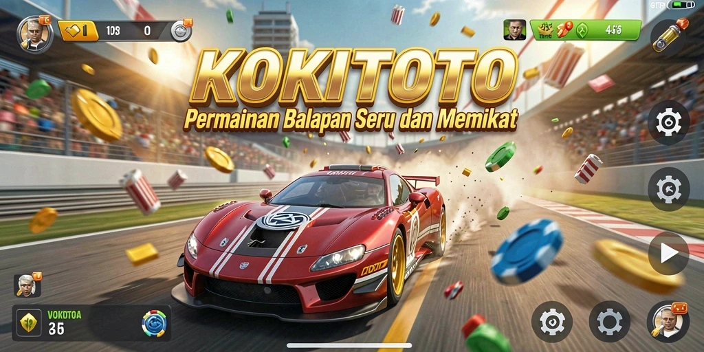 Screenshot gameplay KOKITOTO menampilkan balapan yang menegangkan dan mobil yang beragam.