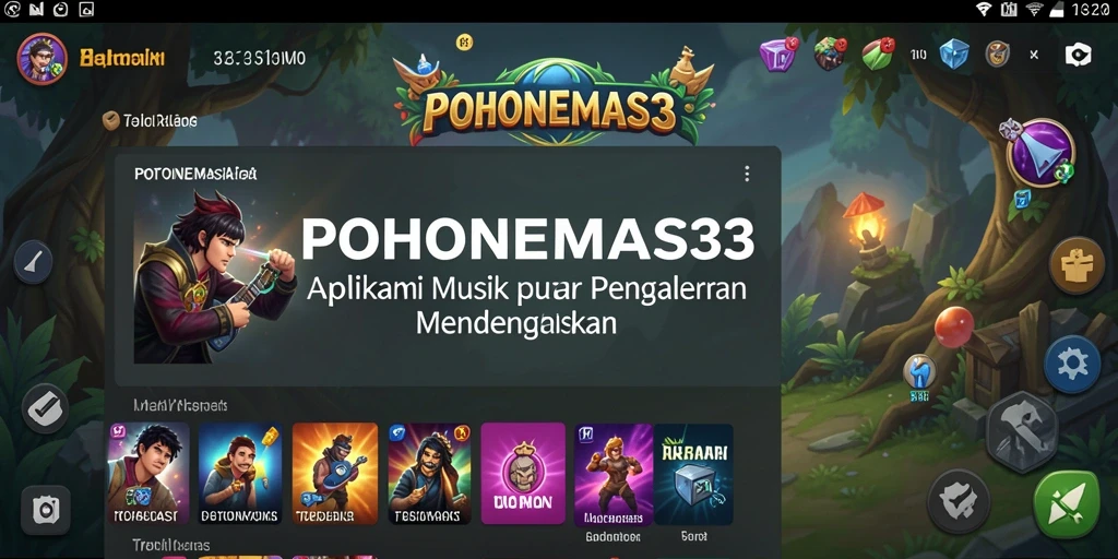 Tampilan gameplay POHONEMAS33 dengan antarmuka menarik dan fitur musik.