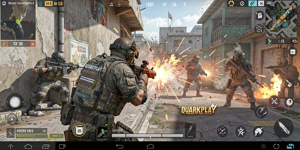 Tampak aksi menegangkan dalam gameplay FPS QUARKPLAY.