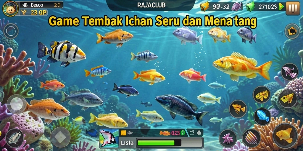 Screenshot gameplay RAJACLUB menampilkan aksi seru menembak ikan.