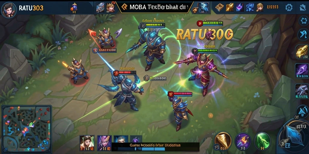 Tangkapan layar dari gameplay intens RATU303 di arena MOBA.